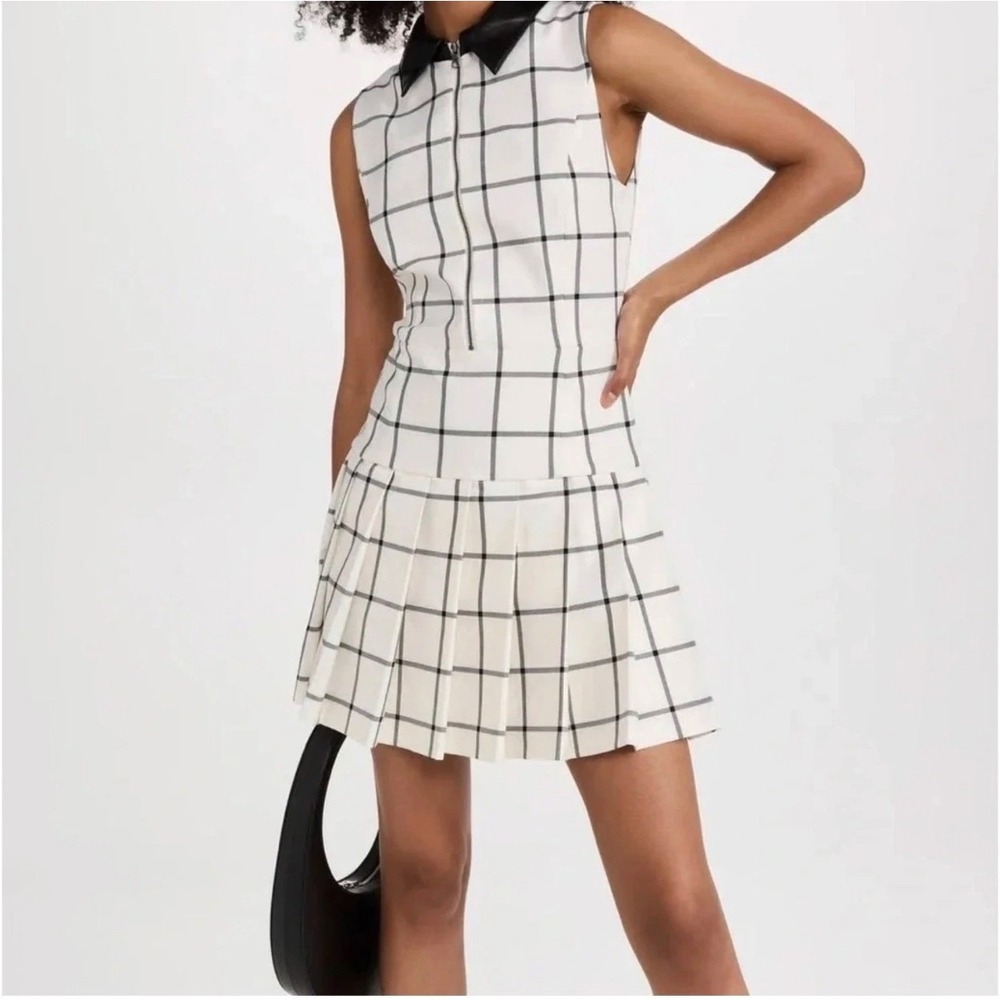 Alice + Olivia White Black Striped Sleeveless Ellis Zip Collared Pleated Dress 2